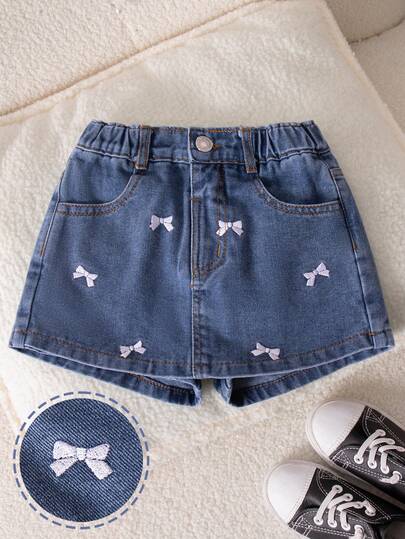 Falda pantalón vaquera azul oscuro vintage con bordado de lazo para niña, esencial y dulce para la escuela diaria y salidas familiares