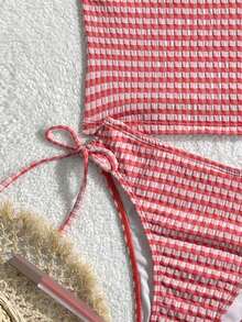 Swim Mod 女士甜美纹理格子吊带泳衣套装，适合泳池、海滩和夏季度假 - 紅色 - 查看 3