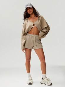 Denimoi 露肩纽扣前开襟短款轻薄卫衣，日常穿着，适合普拉提运动，性感上衣 - 杏色 - 查看 4