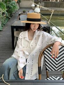 女士通勤优雅亚麻染色长袖衬衫，小众百搭设计上衣 - 杏色 - 查看 5