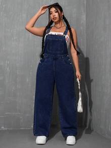 SHEIN ICON Plus Size Casual Versatile Washed Denim Bib Overalls - Dark Wash - View 6