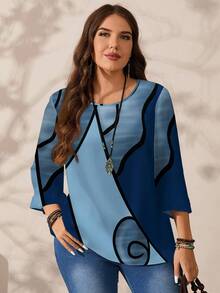 EMERY ROSE Plus Size Women Spring/Autumn Casual Full Print Round Neck Loose 3/4 Sleeve Shirt Chic Blouses For Women - Multicolor - View 8