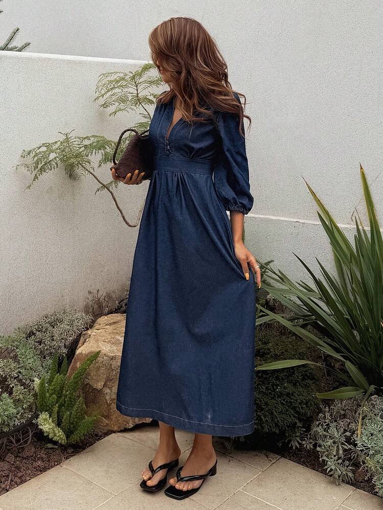 aliexpress denim dress DAZY Women's V-Neck 3/4 Lantern Sleeve Denim Midi Dress Sun Dresses For  Women