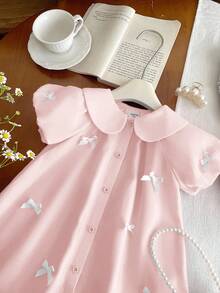 SHEIN 女婴可爱粉色彼得潘领蝴蝶结短袖连衣裙，夏季 - 粉色 - 查看 3