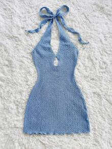 Soleia New Casual Vacation Western Beach Wedding Guest Attire Back To School Graduation Brunch St. Patrick's Day Spring Break Easter Music Festival Elegant Bohemian Tropical Elegant Strapless Backless Office Work Halter Brown Textured Knit Women Mini Dress - Baby Blue - View 5