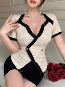 DAZY Chaqueta ligera de mujer elegante con parches de color contrastante y asimétrica, para verano - Albaricoque - Ver 10