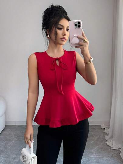 Elenzga Blusa sin mangas de unicolor con lazo en la cintura para mujer