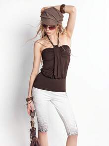 Bloopia 女士针织露背系带无袖深棕色时尚百搭上衣 - 棕色 - 查看 1