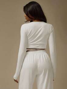 MUSERA ESSENTIALS 系带长袖芭蕾舞风格棉质家居服上衣，单件上衣，冬季舒适居家休闲可爱日常居家必备 - 白色 - 查看 4