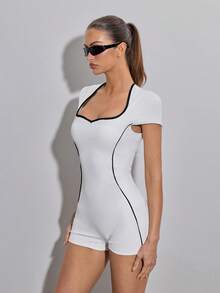 SHEIN ICON 女士夏季休闲黑白性感网球跑步瑜伽运动通勤连体裤，甜心领撞色滚边短袖，夏季 - 白色 - 查看 6