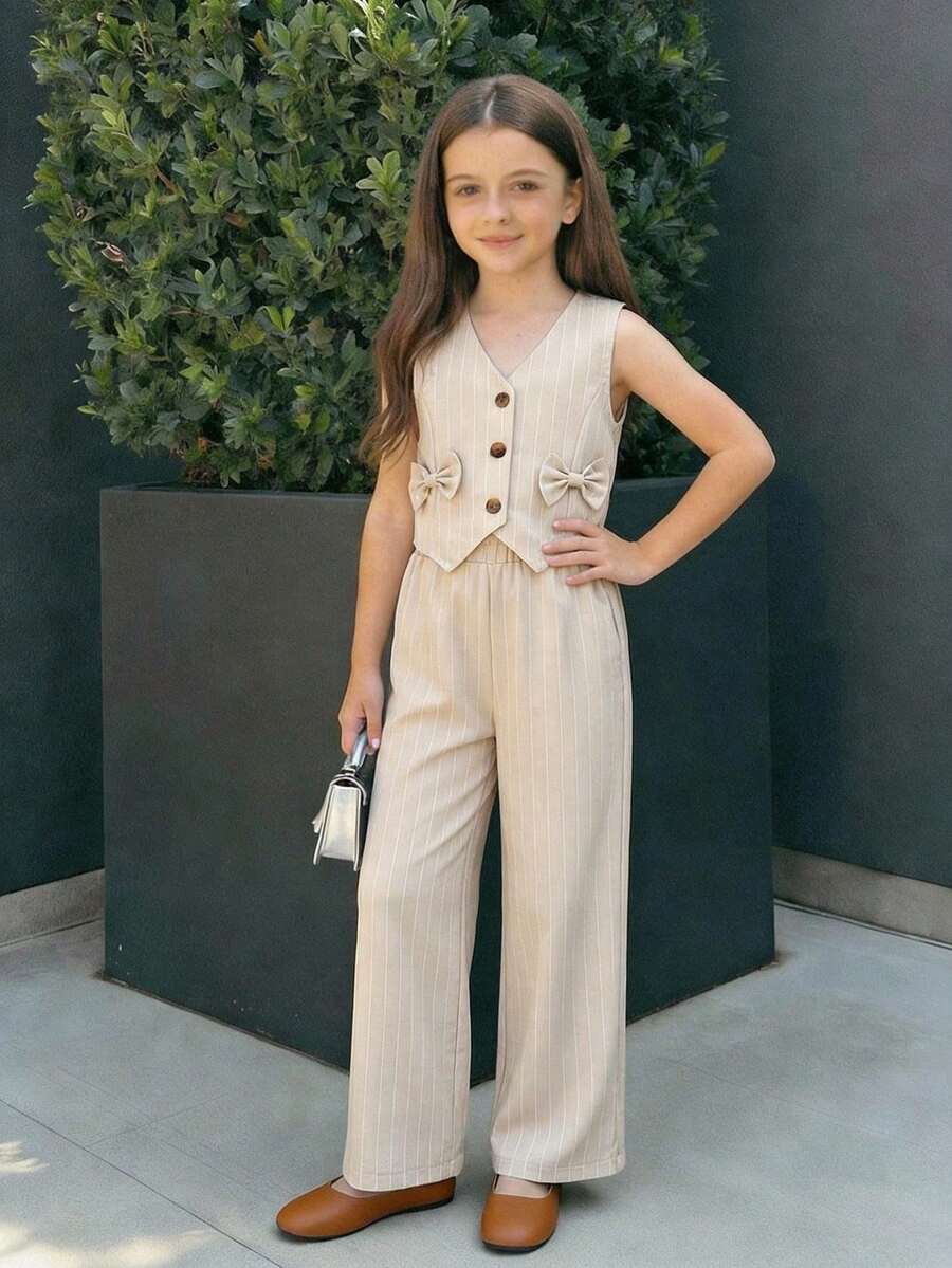 SHEIN 女童春夏休闲素色无袖背心和裤子套装 - 卡其色 - 查看 1