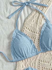 Vivid Eden Women's Solid Color Textured Swimwear Set For Vacation & Beach - Baby Blue - View 5