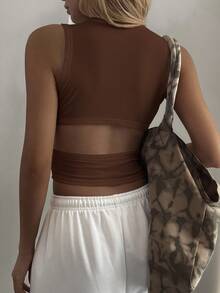 DAZY Women's Summer Round Neck Backless Hollow Design Fitted Cropped Casual Sexy Camisole Top - Coffee Brown - View 4