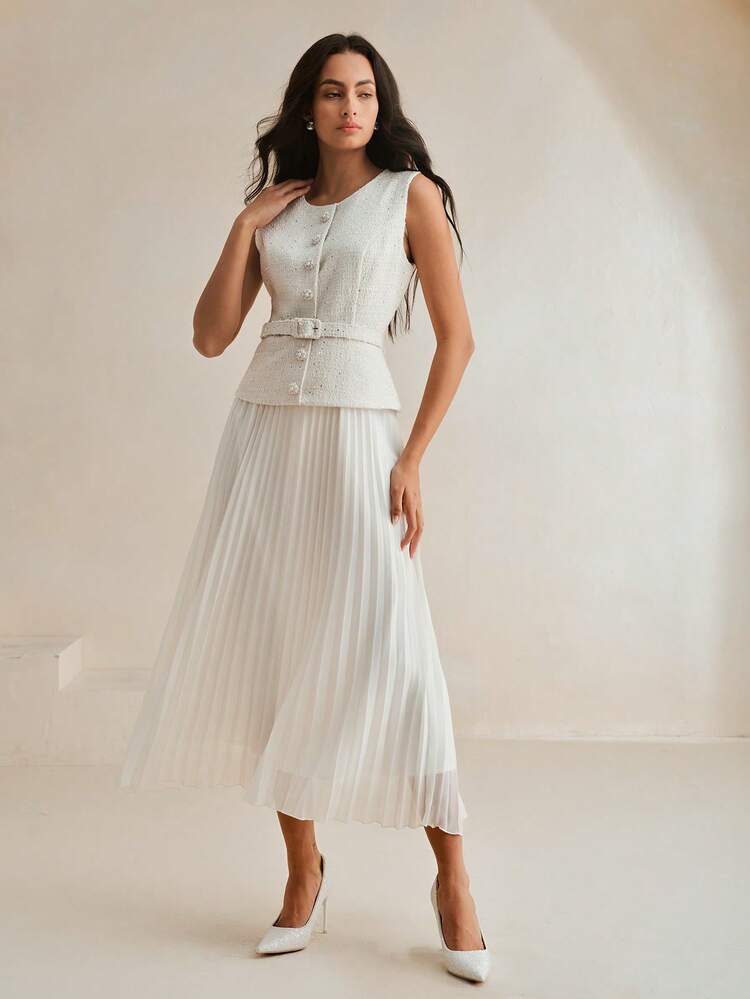 Women's Elegant Retro Patchwork Chiffon 2-In-1 Pleated Dress With Belt