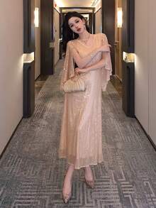 DAZY 女款純色V領亮片華麗洋裝，適合派對場合 - 杏色 - 查看 6