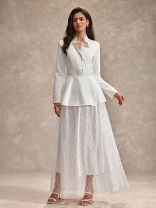 CLARA VERO Women's Waist Belt Embellished Asymmetrical Collar Long Sleeve White Elegant Blazer - White - View 3