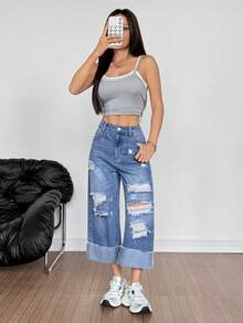 SHEIN Tall Women's Distressed Slant Pocket Casual Versatile Wide Leg Jeans - Light Wash - View 7