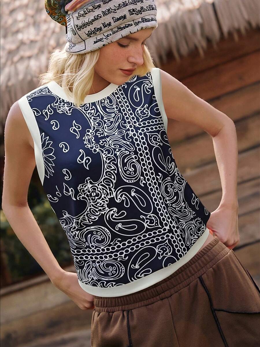 WanderVale Áo tank top không tay in họa tiết dành cho nữ, áo không tay kiểu bandana, áo mùa hè cho nữ, áo cotton cho nữ, áo dệt kim mùa hè cho nữ, kiểu dáng thường ngày, mùa xuân, mùa hè, áo dệt kim đi chơi cho nữ. - Màu xanh hải quân - Xem 1