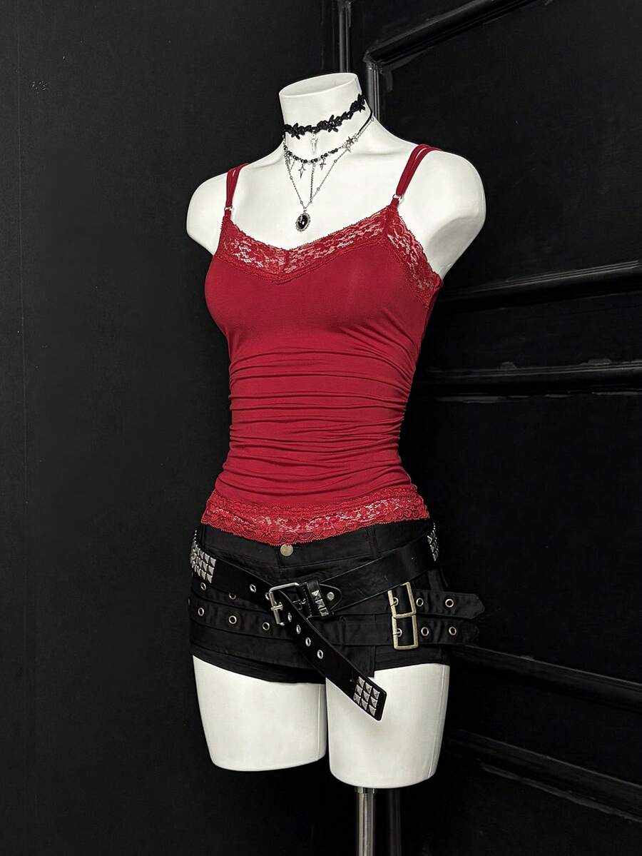 EgrlEra Women's Red V-Neck Ruffle Trim Camisole - Burgundy - View 1