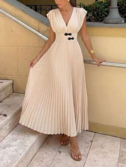 Firerie Women's Elegant Casual New Fashion Commuter Daily V-Neck Button High Waist A-Line Pleated Apricot Long Dress, Summer