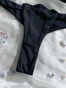 Swim Mod 两件套花瓣拼接硬杯可拆卸肩带纯色性感比基尼套装，黑色配黑色罩杯 - 黑色 - 查看 10