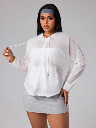 Rhythm Era 大码女式纯色落肩长袖拉链前开抽绳连帽运动夹克