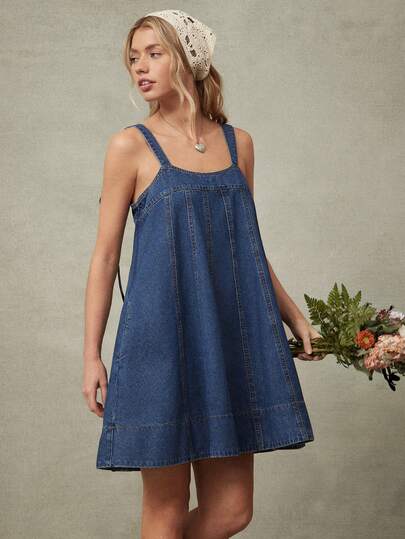 WESTFADE Scoop Neck Tie Strap Western Seamed A Line Cotton Blend Denim Babydoll Mini Dress Spring, Resort Wear, Summer, Casual, Cute, Boho, Vacation, Beach, Nashville, Cowgirl, Western Clothes, Festival, Stagecoach, Coachella