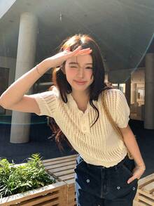 DAZY Women's Solid Color Knit Top, Versatile Korean Style, Spring/Summer Golf White Basic - White - View 5