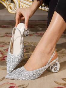 CUCCOO TILAWA Zapatos de tacón alto de mujer con flor de plata, elegantes y con pedrería, estilo stiletto con sandalias para vestido de banquete y boda. - Plateado - Ver 1