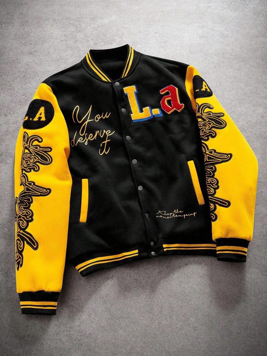 PAVTROS Chaqueta de béisbol con forro térmico de manga larga con parches Manfinity Streetrush para hombres, chaqueta negra y amarilla, chaqueta universitaria, chaqueta de colegio, chaqueta de letra para hombres, otoño e invierno, estilo grunge - Negro - Ver 1