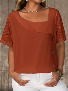 EMERY ROSE Plus Size Casual Solid Color Lace Patchwork Asymmetric Collar Blouse, Summer Outfits For Women - Rust Brown - View 3