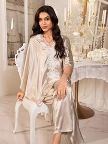 SHEIN 水溶性蕾丝边仿丝绸优雅睡衣套装 - 香檳色 - 查看 1