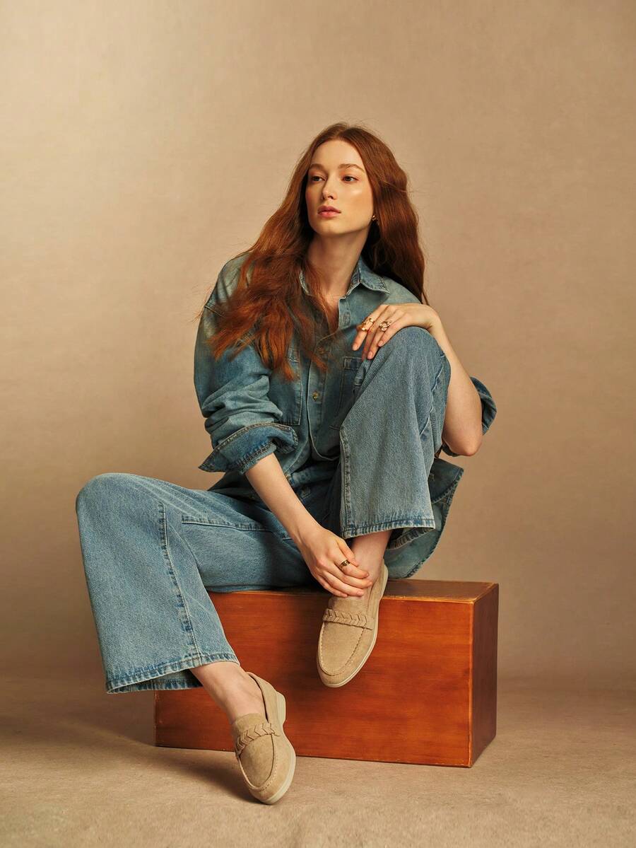 Rosivie 时尚女士舒适休闲圆头平底度假乐福鞋杏色春秋季套脚平底针织女鞋 - 杏色 - 查看 1