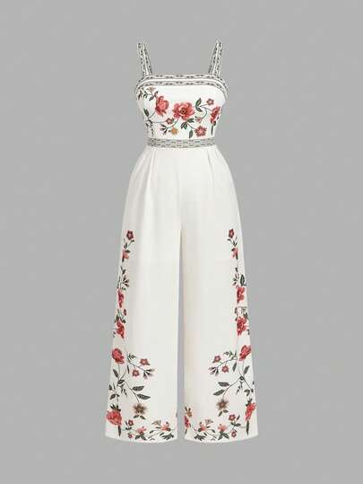 SHEIN MOD Bộ áo liền quần dài kiểu Bohemian in hoa dành cho nữ cỡ lớn, trang phục nghỉ dưỡng lãng mạn mang hơi hướng retro, thích hợp cho mùa xuân/hè.