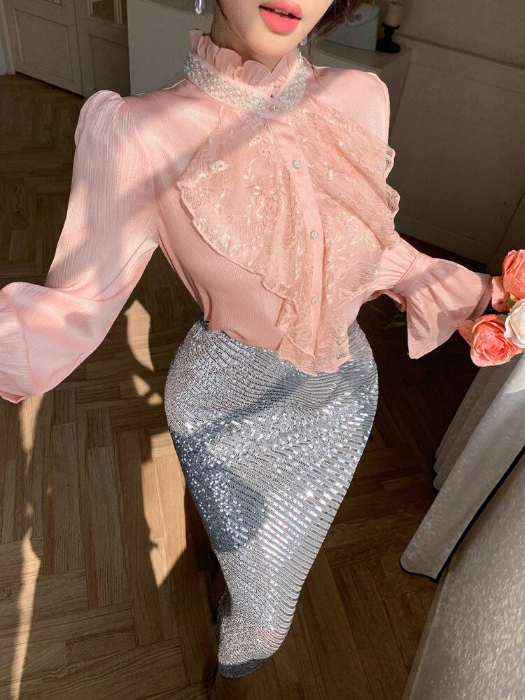 Women's Solid Color Lace Patchwork Stand Collar Elegant Long Sleeve Blouse