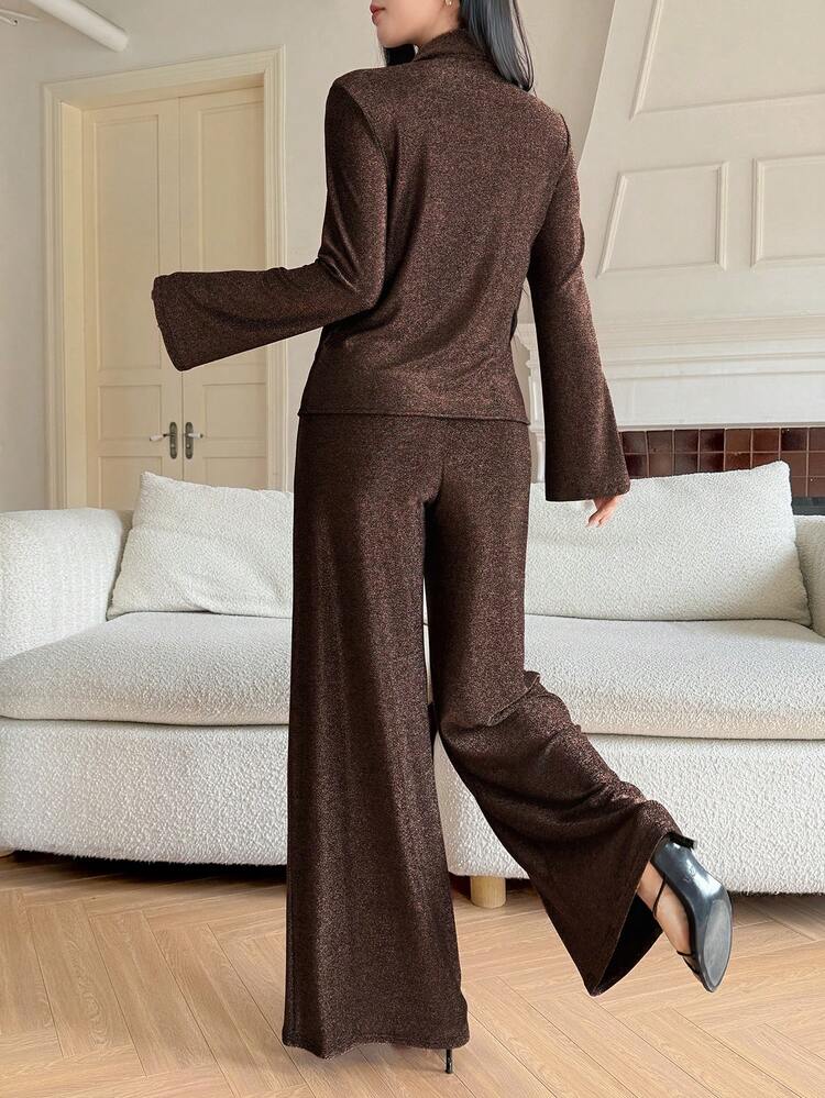 Women's Casual Solid Color Shirt And Wide Leg Pants 2 Pieces Set, Spring/Summer