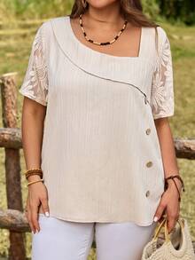 EMERY ROSE Plus Size Women's Summer Casual Vacation Country Solid Color Apricot Lace Patchwork Asymmetrical Shoulder Button Decor Loose Fit Basic Short Sleeve Blouse,Summer Holiday,Spring Break,Vacation,Holiday,Going Out,2026 New,Simple And Fashionable For Everyday Wear,Casual Vacation Boho Tops,Suitable For Summer, Vacation, Commute, Daily Wear - Apricot - View 2