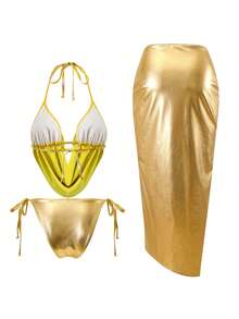 Swim Oasis 女士三件套性感露背比基尼套装，饰有花卉图案，垂坠式领带，适合海滩度假 - 金色 - 查看 2