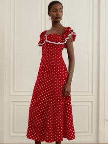 Revavyn Đầm xòe kiểu Pháp cổ điển chấm bi đen trắng, xếp ly, viền ren tương phản, dây đeo có thể điều chỉnh, kiểu dáng lãng mạn, thanh lịch dành cho nữ. - Màu Đỏ Sâu - Xem 6