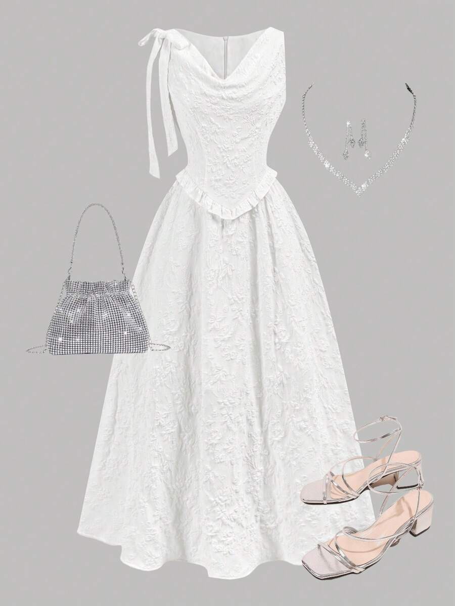 SHEIN Girlism 儿童夏季服装 少女纯色提花可拆卸蝴蝶结领无袖优雅连衣裙 白色连衣裙 舞会礼服 长裙优雅白色连衣裙 女孩连衣裙 白色派对连衣裙 白色连衣裙 优雅白色套装 白色连衣裙 舞会礼服 长裙 女孩优雅套装 圣餐礼服 白色优雅连衣裙 长裙 白色连衣裙 舞会礼服 - 白色 - 查看 1