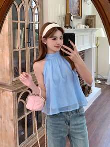 SHEIN TEENGIRL Elegant Sweet Blue Chiffon Halter Neck Top, Bowknot Decor Halter Neck Blouse,Kids - Blue - View 2