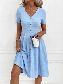 SHEIN Clasi Vestido elegante de punto jacquard, adecuado para uso diario - Azul - Ver 4