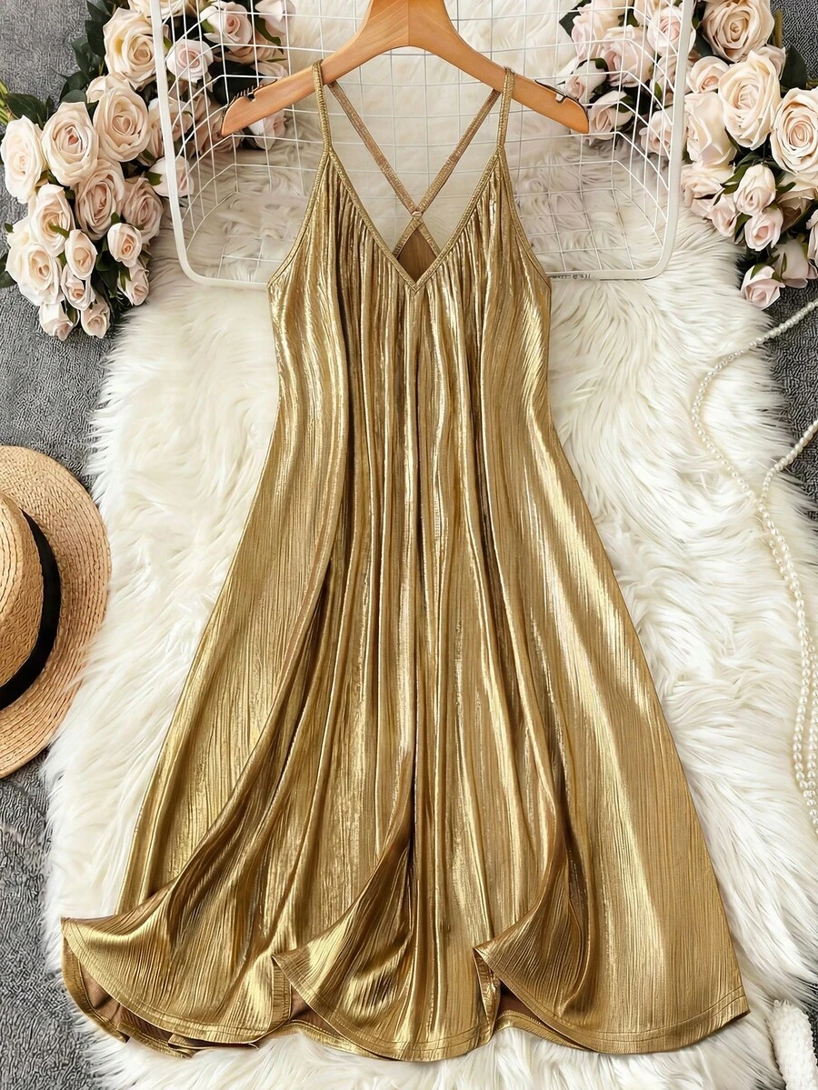 Franclia 优雅吊带深V领罗纹箔面无袖A字春夏连衣裙，金色，优雅女士正式礼服 - 金色 - 查看 1