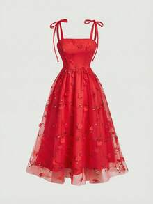 SHEIN MOD 女士花卉刺绣拼接网纱吊带连衣裙 - 紅色 - 查看 2