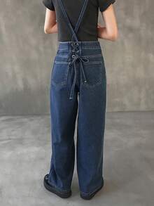 FRIFUL 女士宽松休闲牛仔连体裤，后腰处采用钥匙孔系带设计 - 藍色 - 查看 5