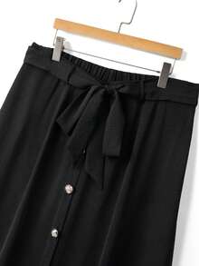 GlowEve CURVE Plus Size Women's Solid Color Fashionable Versatile Long A-Line High Waist Skirt - Black - View 3