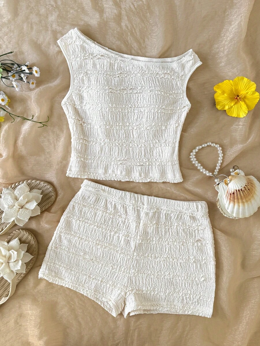 SHEIN 少女休闲度假家居两件套:纹理针织不对称肩部上衣和修身短裤,适合派对、海滩、邮轮、节日、夏季,米色 - 白色 - 查看 1