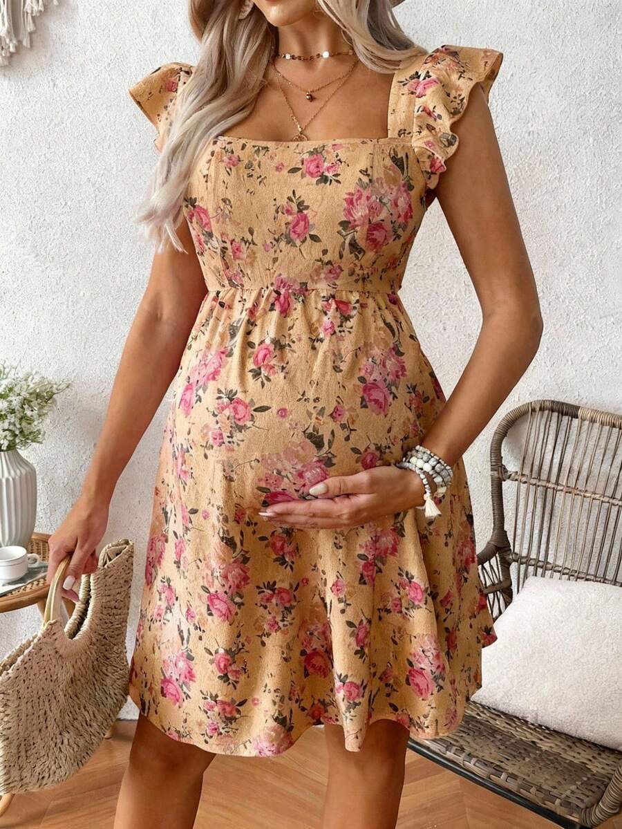 SHEIN Gaun Kasual Hamil Motif Bunga Kerah Persegi Lengan Pendek untuk Liburan - Khaki - View 1