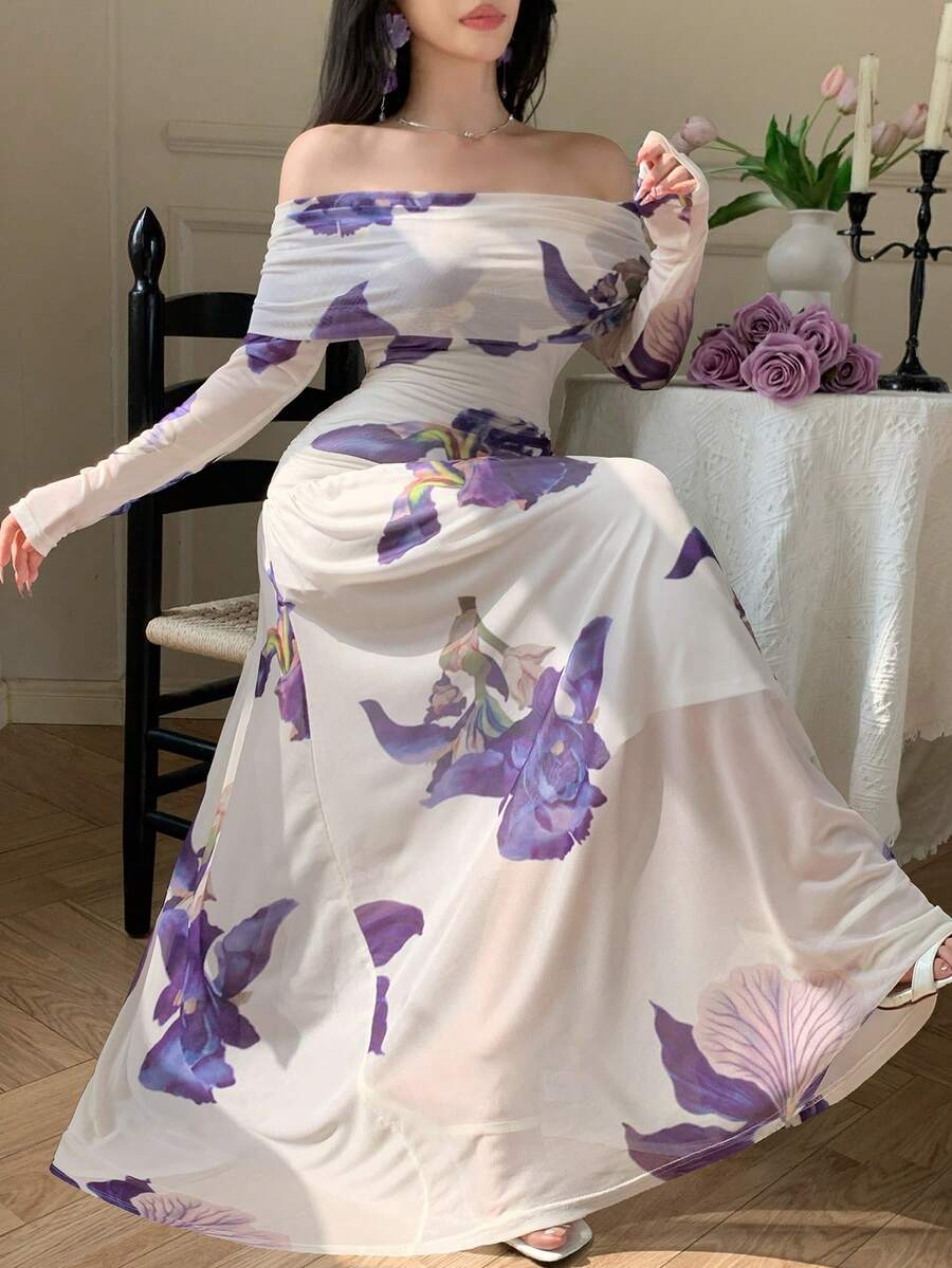 DAZY 优雅女士露肩紫色长裙 - 紫色 - 查看 1