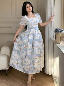 DAZY French Square Neck Blue Painting Style Ditsy Floral Dress, Summer Maxi Dress Sundress Boho Vacation Outfits Women - Baby Blue - View 7